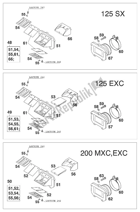 Tutte le parti per il Scatola Valvola Lamellare 125-200 20 del KTM 125 SX USA 2000