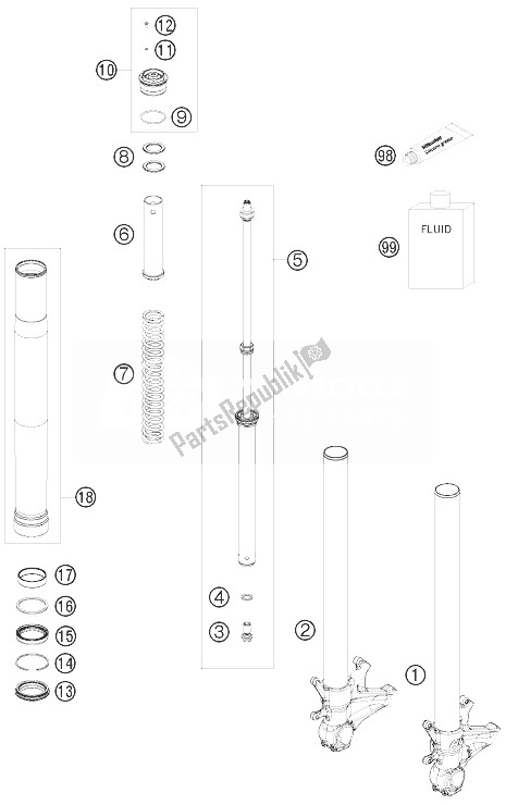 All parts for the Front Fork Disassembled of the KTM 1190 RC8 R LIM ED Red Bull 10 USA 2010