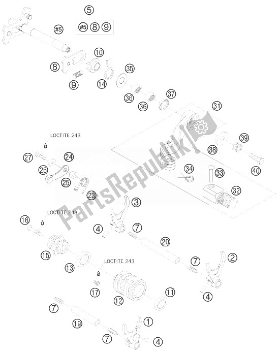 All parts for the Shifting Mechanism of the KTM 250 EXC F Champion Edit Europe 2010