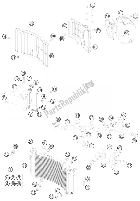 All parts for the Cooling System of the KTM 990 Adventure White ABS 10 USA 2010