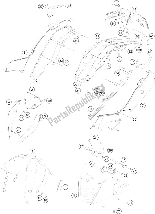 All parts for the Mask, Fenders of the KTM 390 Duke White ABS B D 16 USA 2016