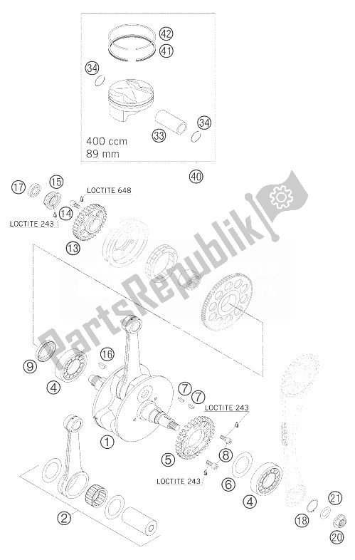 All parts for the Crankshaft, Piston 400 Exc of the KTM 400 EXC Racing Australia 2004