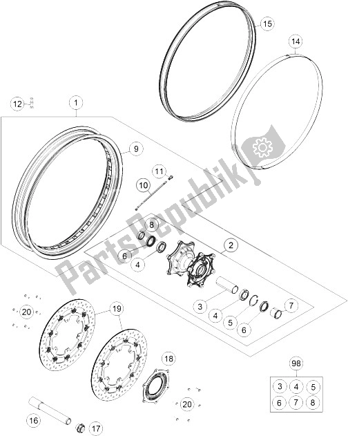 All parts for the Front Wheel of the KTM 1190 ADV ABS Grey WES Europe 2013