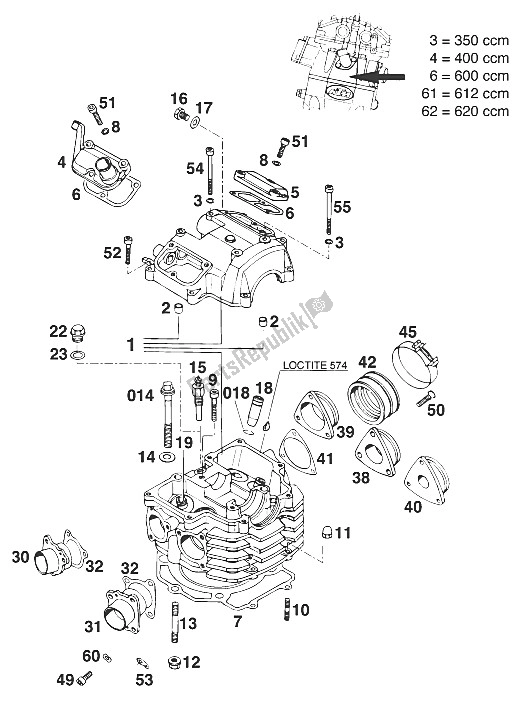 All parts for the Cylinder Head 350-620 Lc4'94 of the KTM 350 E XC 20 KW SUP COM Europe 1994