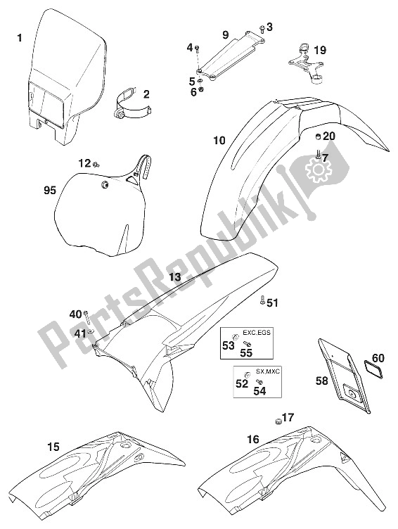 Tutte le parti per il Parafanghi 125-200 '98 del KTM 200 EXC Jackpiner 97 USA 1997