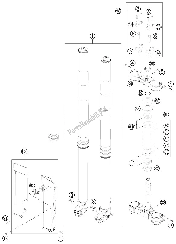 Alle onderdelen voor de Voorvork, Drievoudige Klem van de KTM 150 SX USA 2015