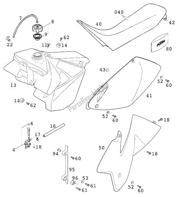 Tutte le parti per il Serbatoio - Sedile - Coperchio 125 del KTM 125 EXE 100 Europe 2001