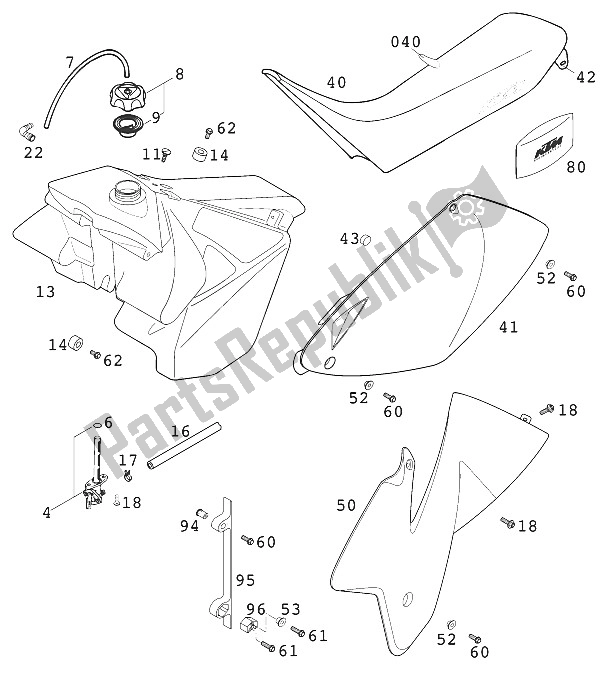 Alle onderdelen voor de Tank - Stoelbekleding 125 van de KTM 125 EXE 80 Europe 2001