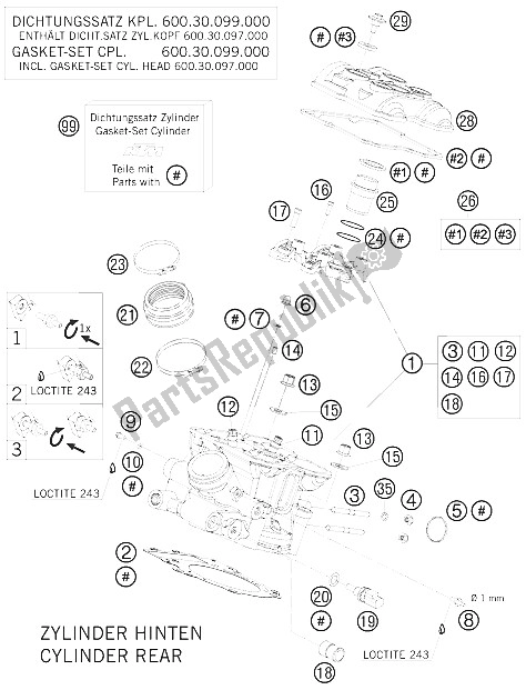 All parts for the Cylinder Head Rear of the KTM 990 Adventure Black ABS Australia United Kingdom 2008