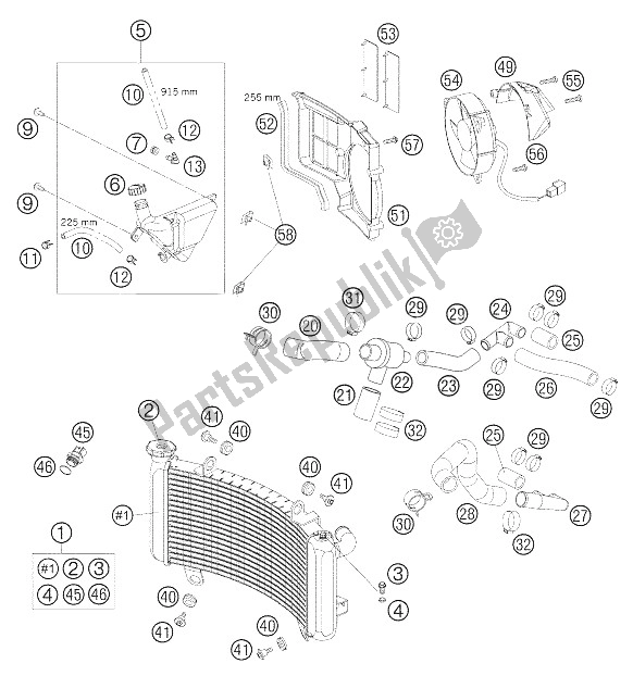 All parts for the Cooling System of the KTM 990 Superduke Orange Australia United Kingdom 2006