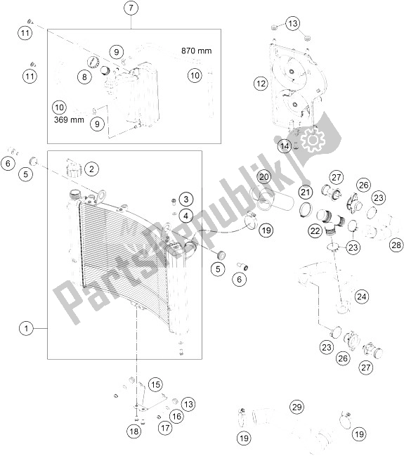 All parts for the Cooling System of the KTM 1190 ADV ABS Grey WES France 2013