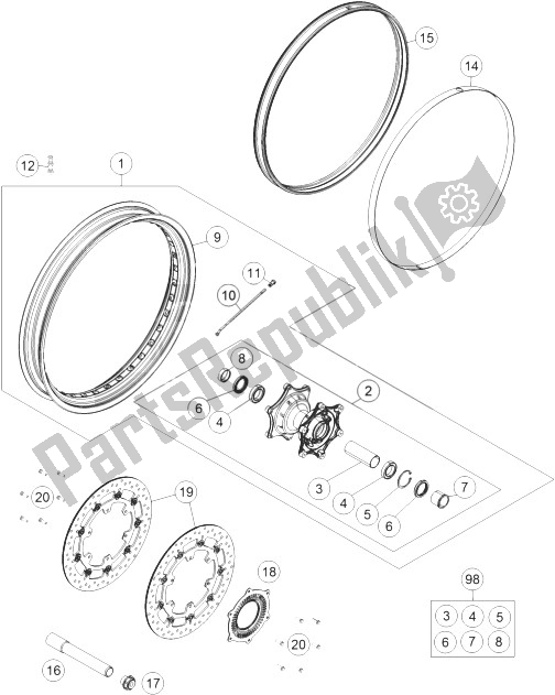 All parts for the Front Wheel of the KTM 1190 ADV ABS Grey WES France 2014