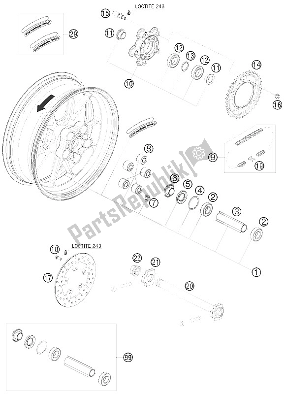 Alle onderdelen voor de Achterwiel van de KTM 1190 RC 8 R TNT Edit Europe 2009