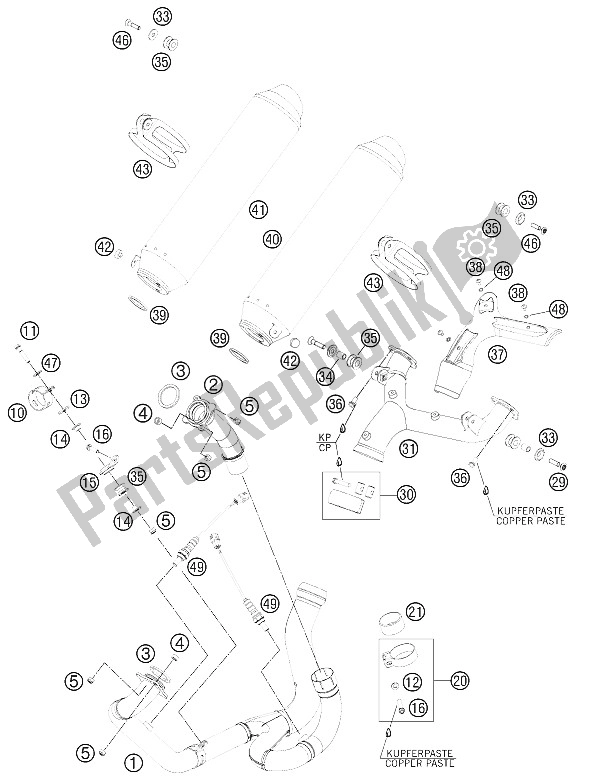 All parts for the Exhaust System of the KTM 990 Superm T Black ABS Europe 2012