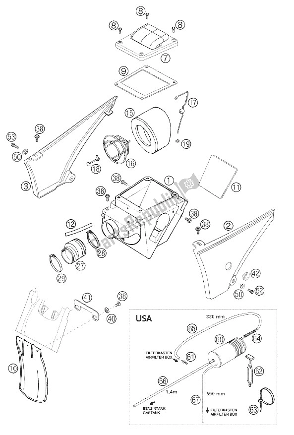 All parts for the Airfilter Box 640 Duke 2002 of the KTM 640 Duke II Orange USA 2002