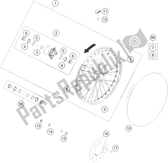 All parts for the Front Wheel of the KTM Freeride 350 Australia 2016