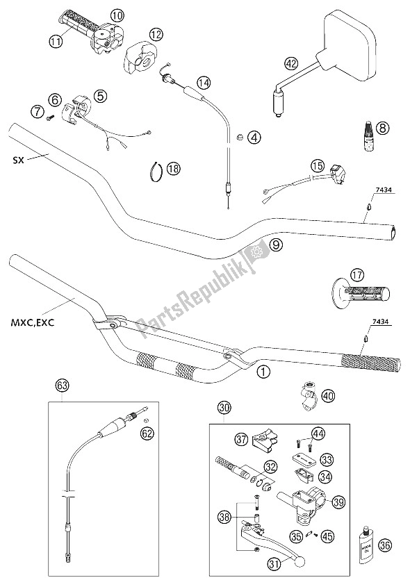 Tutte le parti per il Manubrio, Strumenti 250-380 del KTM 250 EXC Europe 2002