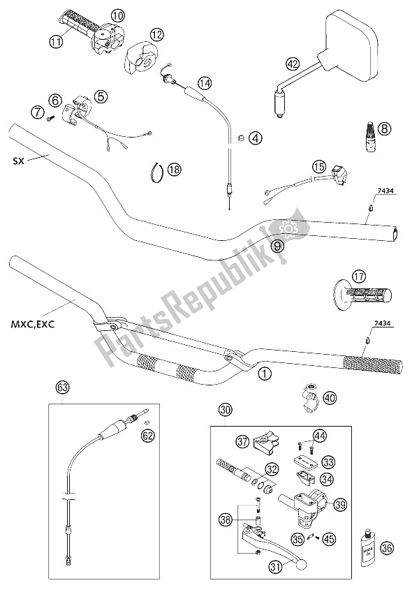 Todas as partes de Guiador, Instrumentos 250-380 do KTM 300 EXC USA 2002