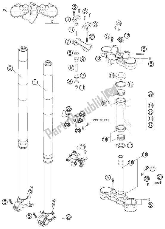 All parts for the Telescopic Fork of the KTM 990 Adventure Orange ABS Australia United Kingdom 2006