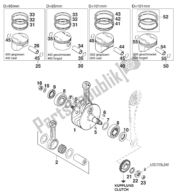 Toutes les pièces pour le Vilebrequin - Piston 400 / 620'96 du KTM 620 SIX Days WP 37 KW 11 LT Europe 1996