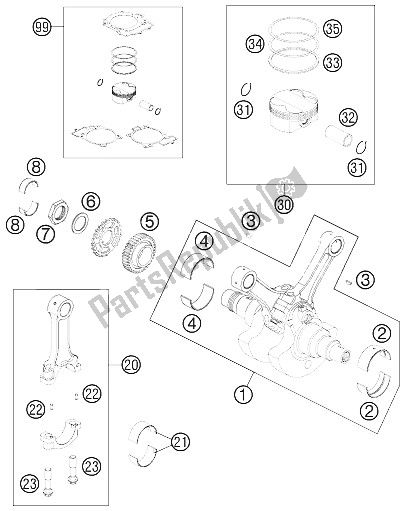 All parts for the Crankshaft, Piston of the KTM 990 Super Duke White France 2009