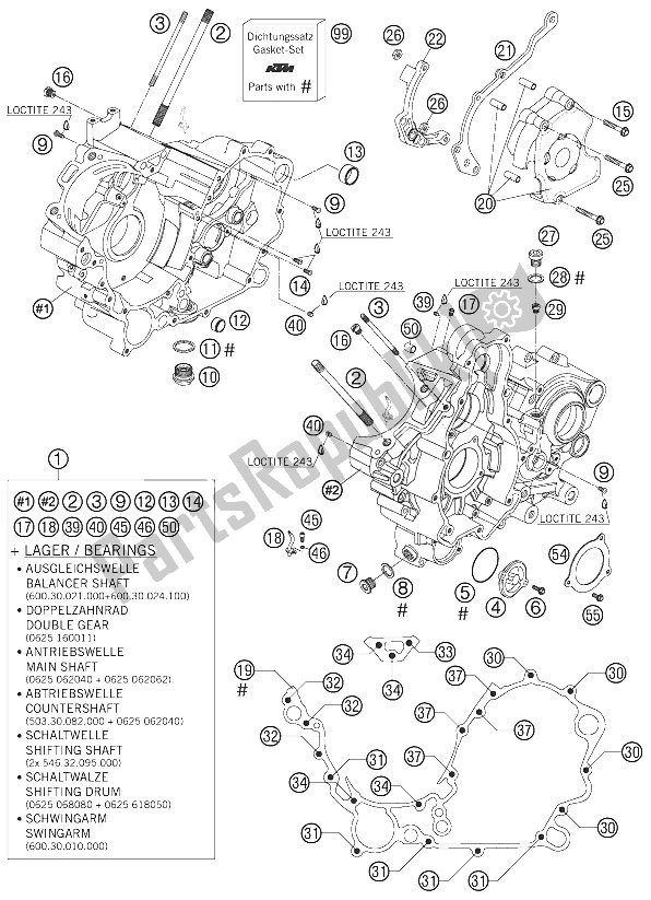 All parts for the Engine Case of the KTM 990 Superduke Orange Australia United Kingdom 2006