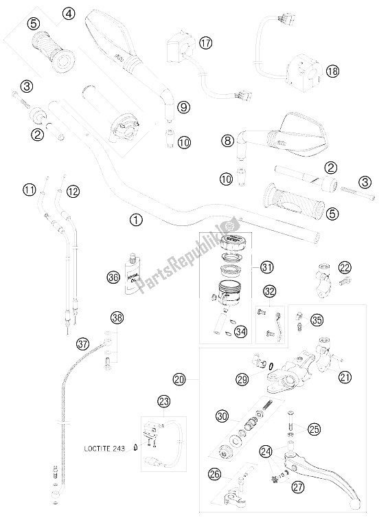 All parts for the Handlebar, Controls of the KTM 990 Super Duke Black Australia United Kingdom 2008