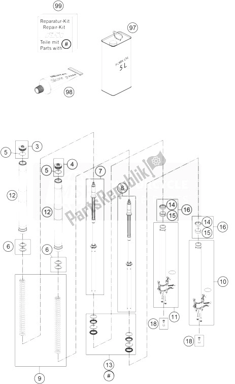 All parts for the Front Fork Disassembled of the KTM 1190 ADV ABS Grey WES France 2014