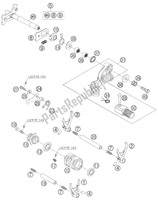 All parts for the Shifting Mechanism of the KTM 250 XCF W USA 2007