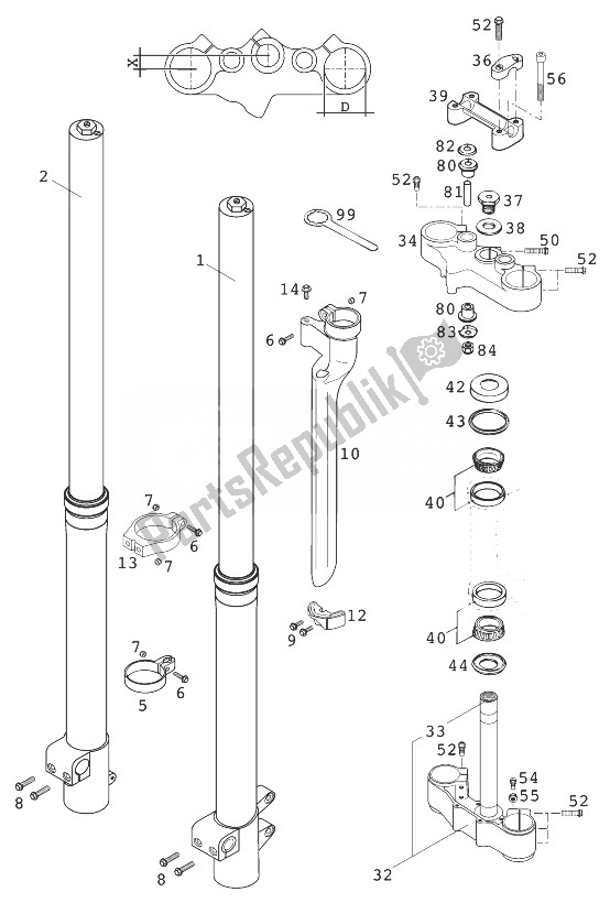 Tutte le parti per il Forcella Anteriore - Attacco Manubrio Wp 400/640 Lc4 '99 del KTM 400 LC 4 Europe 1999