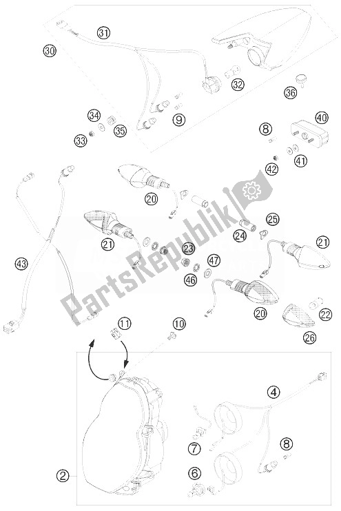 All parts for the Lighting System of the KTM 990 Super Duke Olive ME Australia United Kingdom 2010