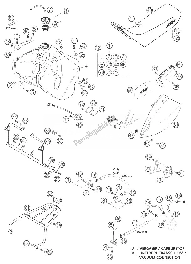 All parts for the Fuel Tank, Seat, Covering 640 of the KTM 640 LC4 Adventure Europe 2003