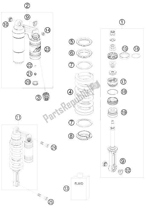 All parts for the Shock Absorber of the KTM 990 Super Duke Black France 2009