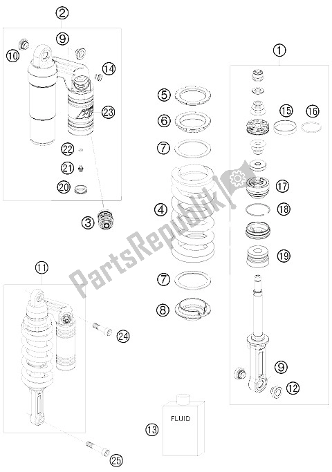 All parts for the Shock Absorber of the KTM 990 Super Duke Orange Europe 2009