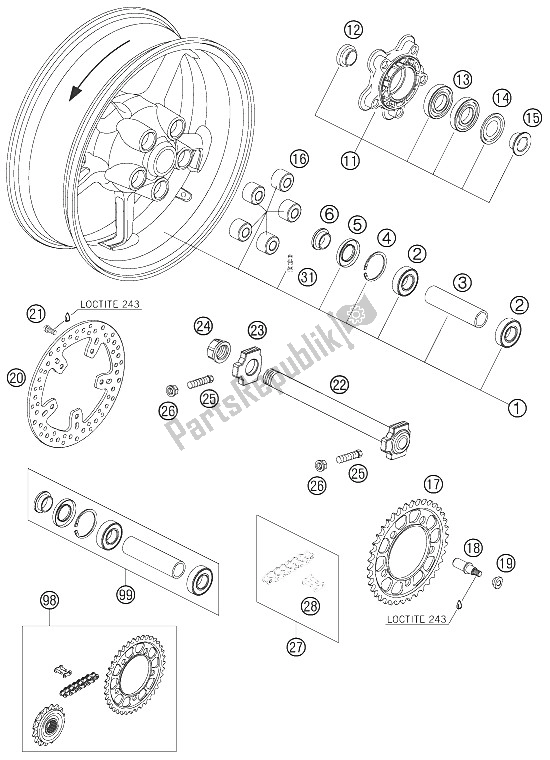 All parts for the Rear Wheel of the KTM 990 Superduke Orange France 2006