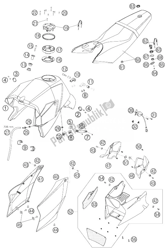 Todas las partes para Tanque, Asiento, Tapa de KTM 990 Super Duke Black France 2007