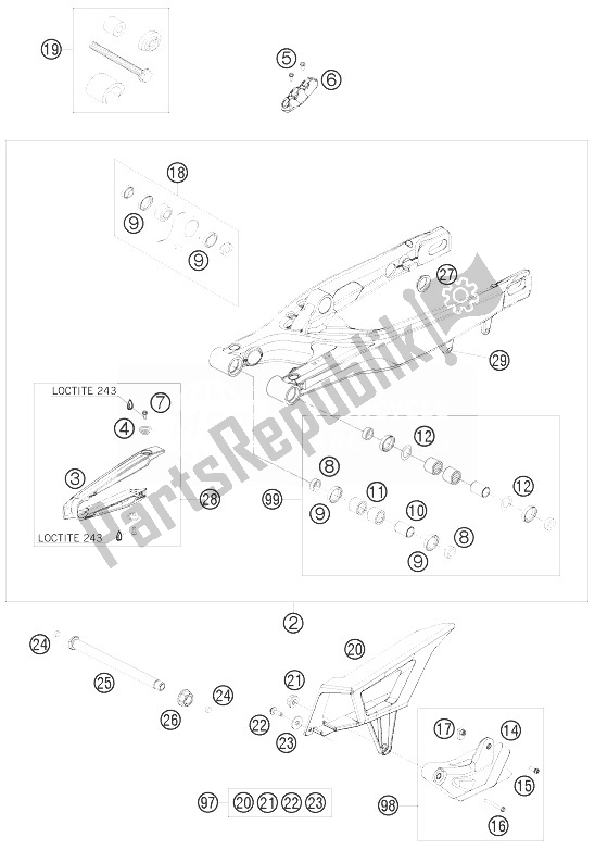 All parts for the Swing Arm of the KTM 250 EXC SIX Days Europe 2010