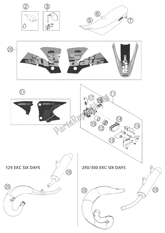 Todas las partes para Piezas Nuevas 125-525 Seis Días Chas de KTM 400 EXC Racing SIX Days Europe 2003