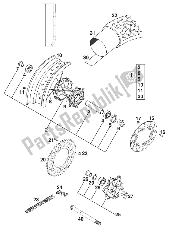 Alle onderdelen voor de Achterwiel 400/620 Hertog'94 van de KTM 620 Duke 37 KW 94 Europe 1994