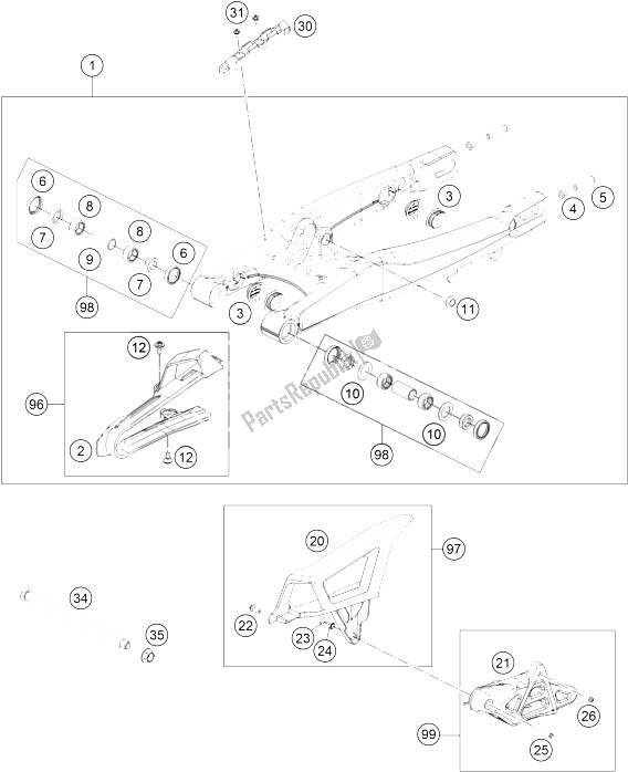 Alle onderdelen voor de Zwenkarm van de KTM Freeride 250 R Europe 2015