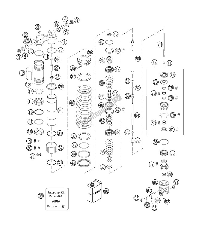 All parts for the Monoshock Disassembled of the KTM 200 EXC Europe 2006