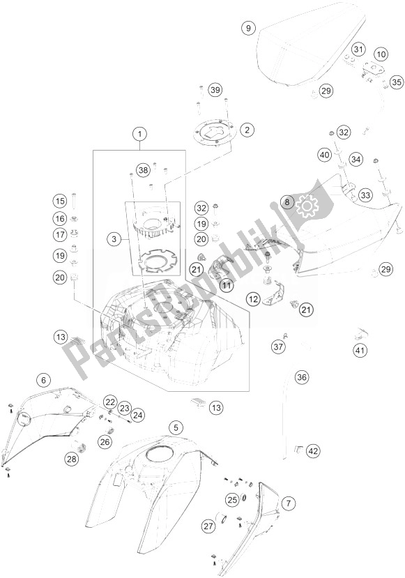 Tutte le parti per il Serbatoio, Sedile, Coperchio del KTM 390 Duke White ABS CKD China 2014