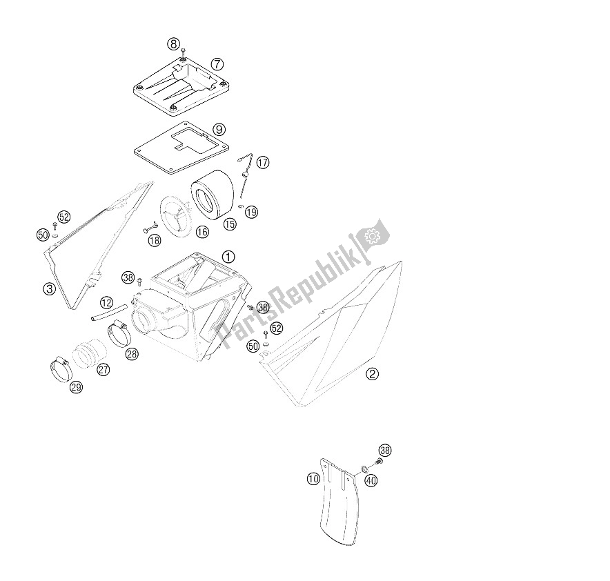 All parts for the Air Filter Box of the KTM 625 SMC Europe 2006