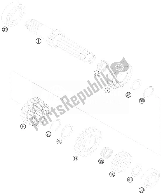 All parts for the Transmission I - Main Shaft of the KTM 250 SX F Fact Repl Musq ED 10 Europe 2010