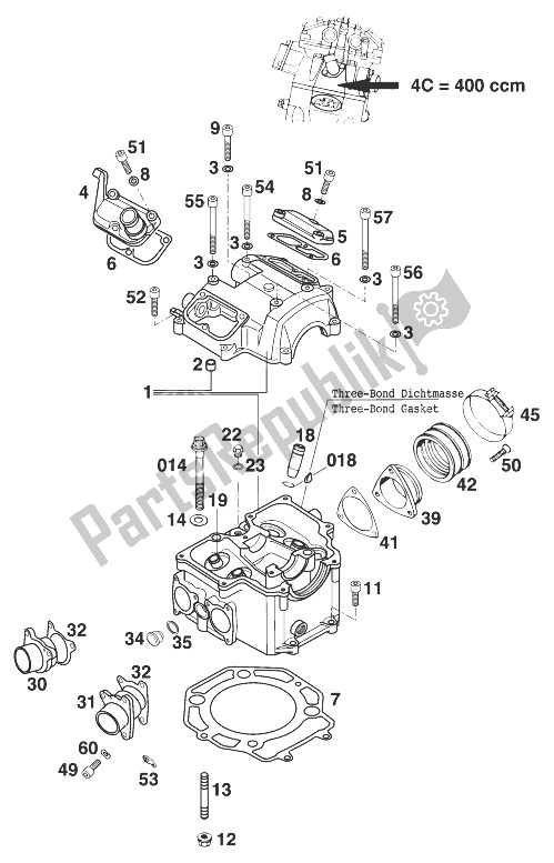 All parts for the Cylinder Head 400 Sxc Usa '00 of the KTM 400 SX C 20 KW Europe 1998