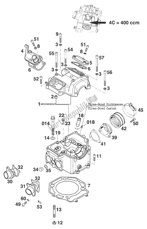 Toutes les pièces pour le Culasse 400 Sxc Usa '00 du KTM 400 SX C Europe 1999