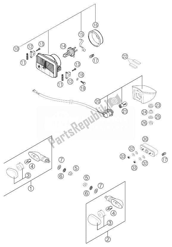 All parts for the Head Light, Rear Light, Flashe of the KTM 625 SXC Europe 2003