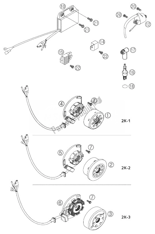 All parts for the Ignition Kokusan 2k-1/2k-2/2-3 of the KTM 125 EXC Europe 2003