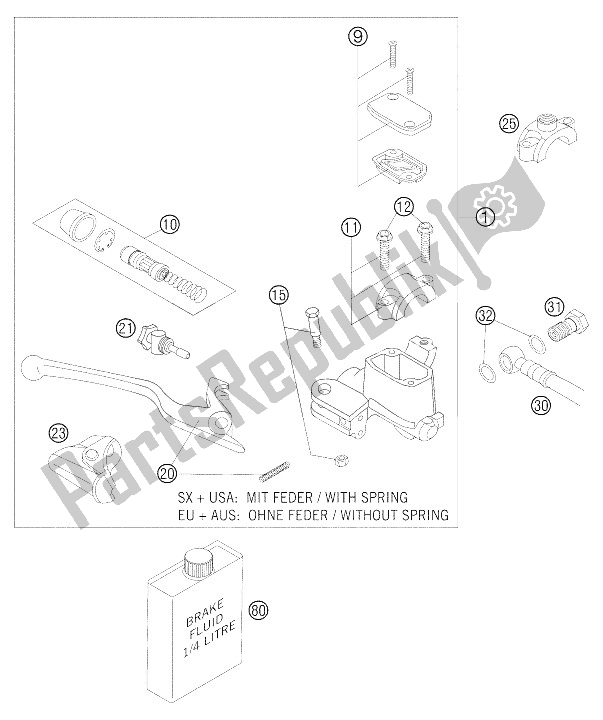 All parts for the Hand Brake Cylinder Brembo 250-5 of the KTM 250 EXC Racing Australia 2005