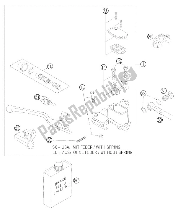 All parts for the Hand Brake Cylinder Brembo 250-5 of the KTM 450 EXC Racing SIX Days Europe 2005